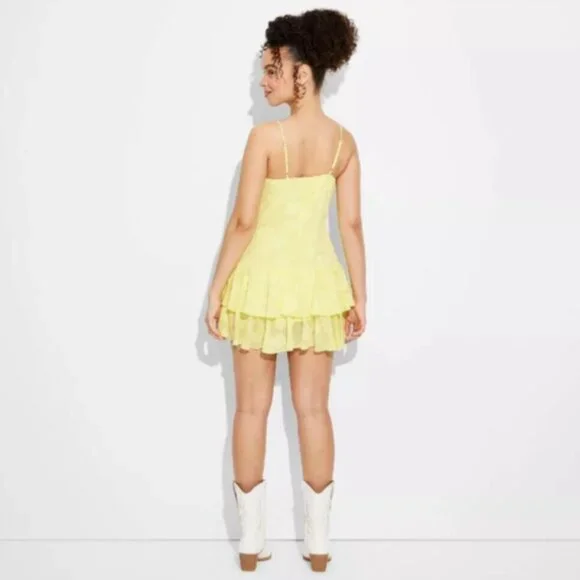 Wild Fable Women's Triangle Cup V-Neck Tiered Mini Yellow Ruffled Skirt Dress - Picture 6 of 6